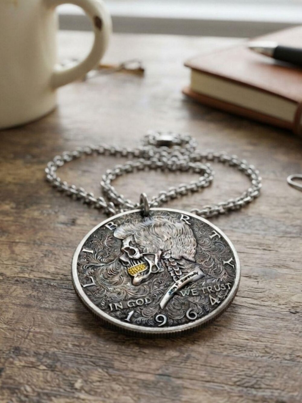 Mens vintage skull coin pendant necklace